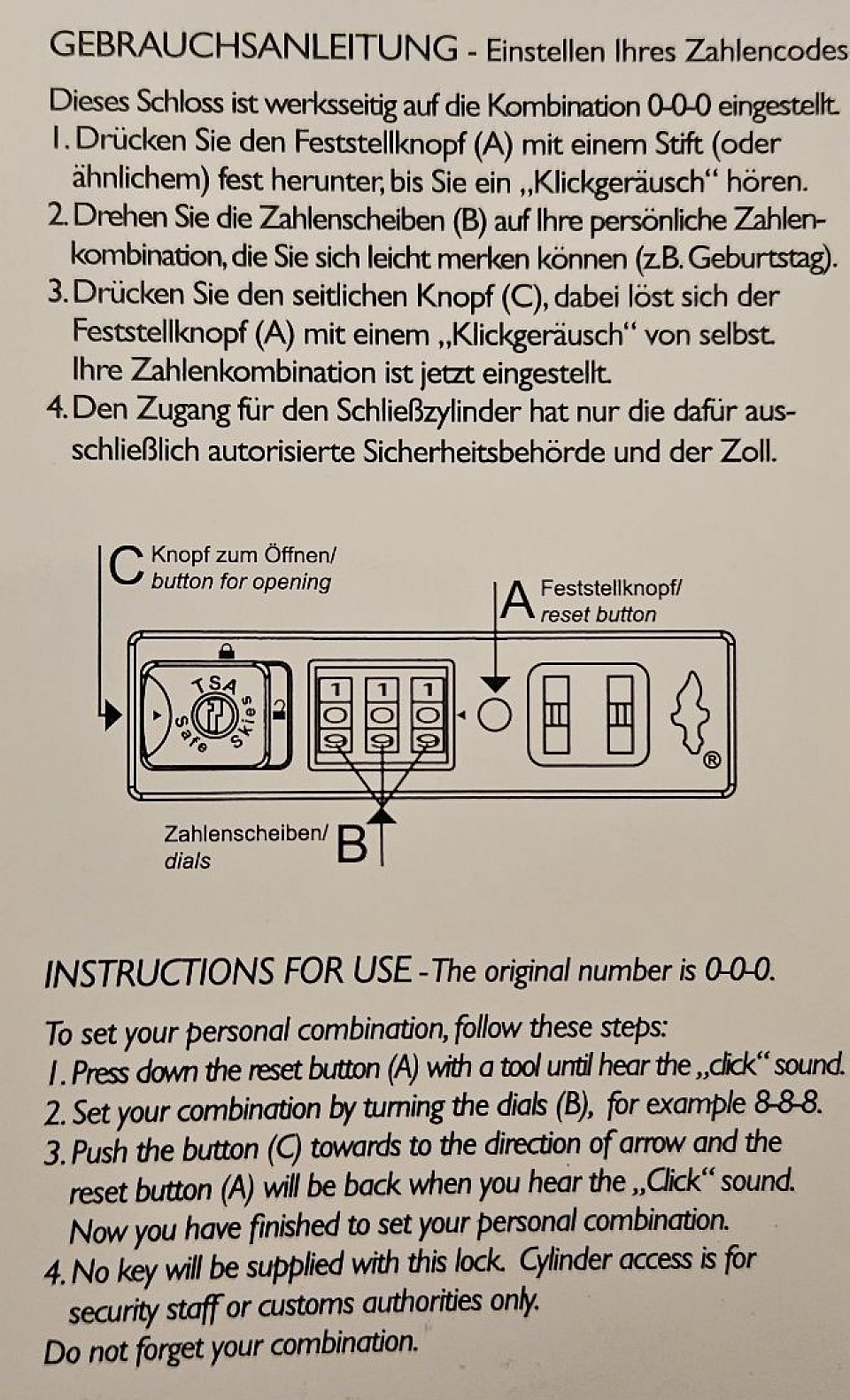 Einstellung Zahlenschloss